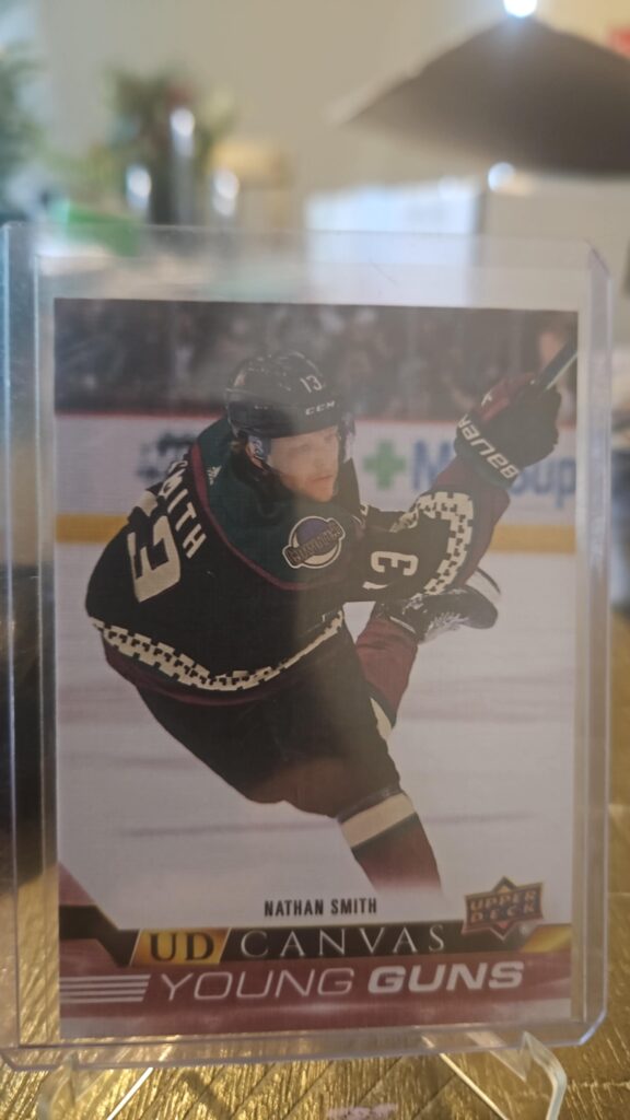 Nathan Smith 2022-23 Upper Deck Series 1 Young Guns Canvas #C117 rookie card, a prized collectible for Arizona Coyotes fans.
