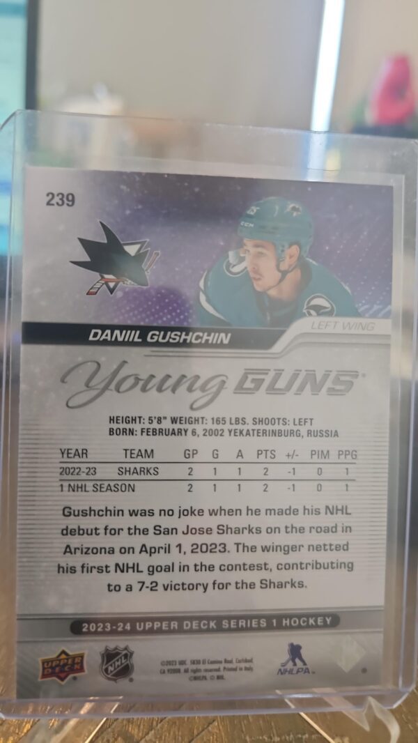 Daniil Gushchin Young Guns Rookie 2022-23 Upper Deck Card San Jose Sharks - Image 2