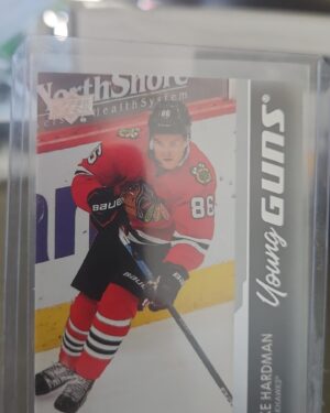 Mike Hardman 2021-22 Upper Deck Series 1 Young Guns #208 rookie card, a prized collectible for Chicago Blackhawks fans.
