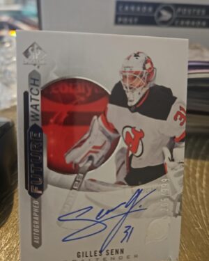 Gilles Senn 2020-21 SP Authentic Future Watch Auto #229 /999 rookie card, a prized collectible for New Jersey Devils fans.