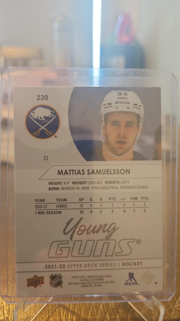 2021-22 UD Series 1 Mattias Samuelsson Young Guns Rookie RC #230 Buffalo Sabres - Image 2