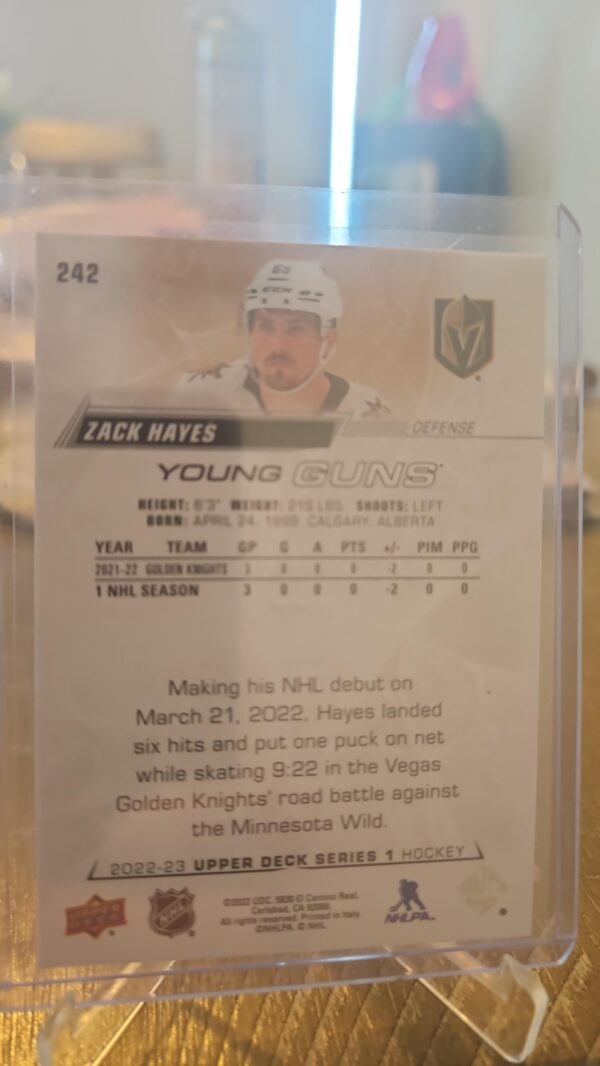 2022-23 ZACK HAYES Young Guns #242 Vegas Golden Knights Rookie - Image 2