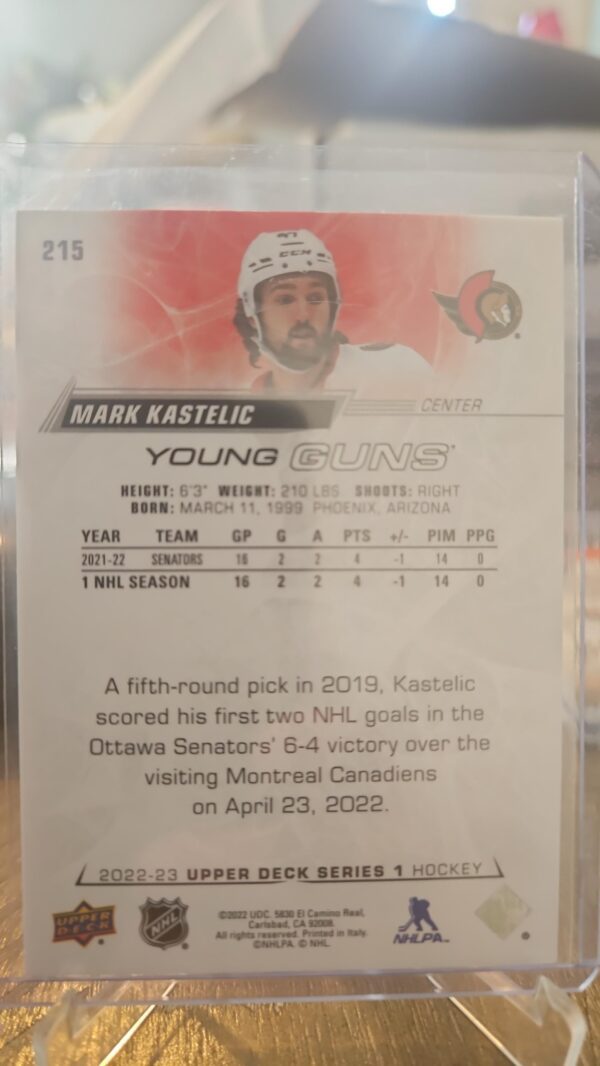 2022-23 Upper Deck Series 1 Young Guns Mark Kastelic YG RC Card# 215 - Image 2