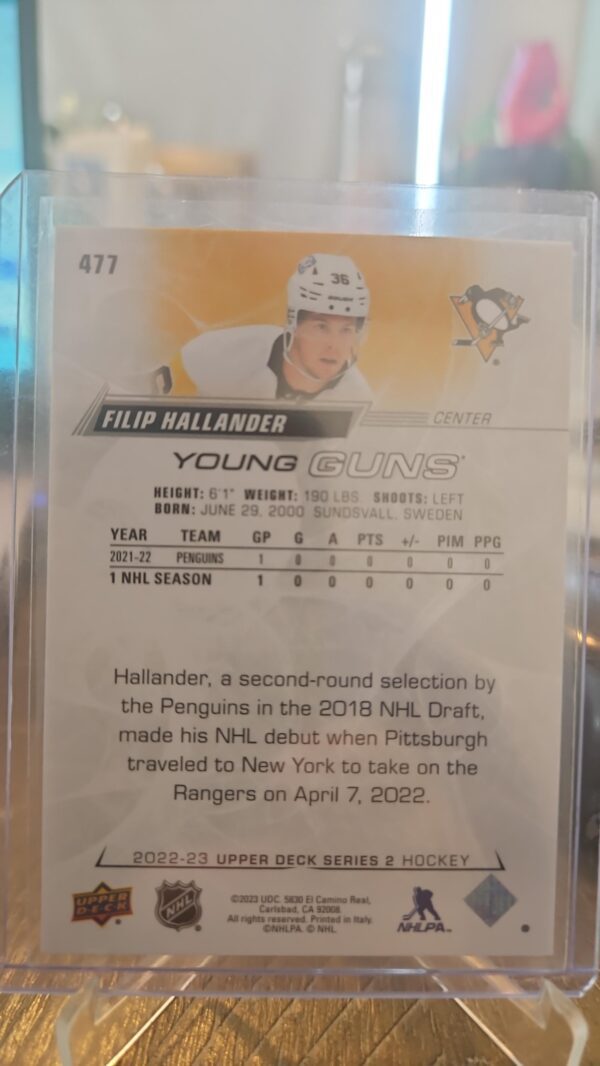 2022-23 NHL Upper Deck Series 2 Young Guns Filip Hallander #477 - Image 2