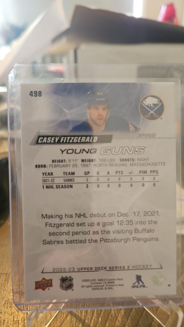 2022-23 Upper Deck Young Guns Casey Fitzgerald #498 Buffalo Sabres - Image 2