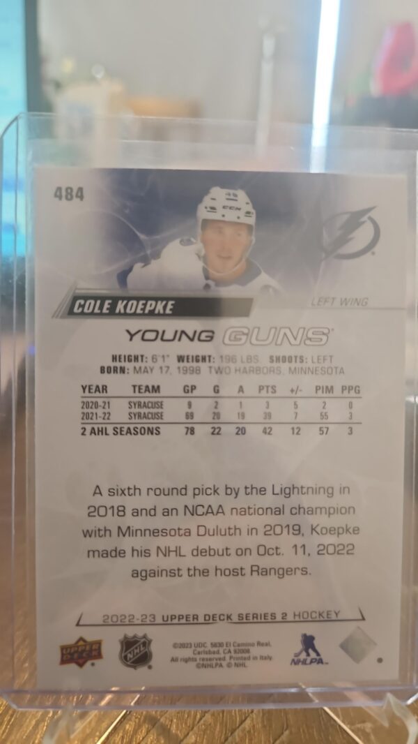 2022-23 NHL Upper Deck Series 2 Young Guns #484 Cole Koepke Tampa Bay Lightning - Image 2