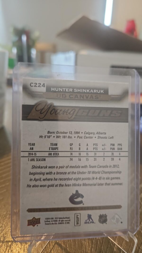 2015-16 Upper Deck UD Canvas Young Guns Hunter Shinkaruk Rookie #C224 Vancouver - Image 2