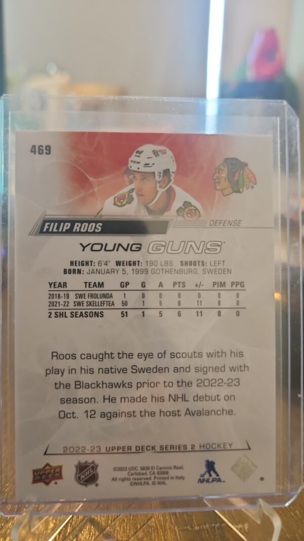 2022-23 NHL Upper Deck Series 2 Filip Roos Young Guns Blackhawks Rookie - Image 2