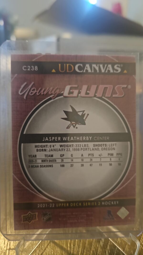 2021-22 Upper Deck #C238 Jasper Weatherby UD Canvas Young Guns Sharks - Image 2