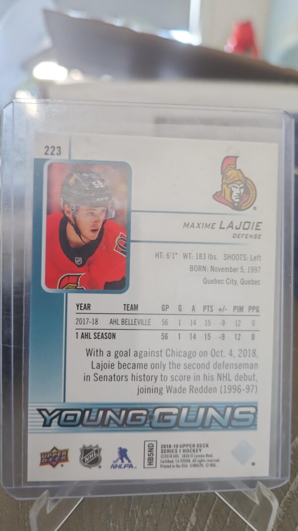 2018-19 Upper Deck Maxime Lajoie Ottawa Senators Young Guns RC (#223) - Image 2