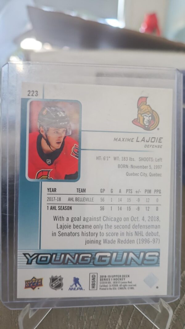 2018-19 Upper Deck Maxime Lajoie Ottawa Senators Young Guns RC (#223) - Image 2