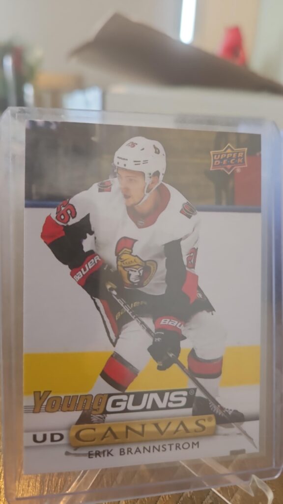 Erik Brannstrom 2019-20 Upper Deck Young Guns Canvas #C106 rookie card, a prized collectible for Vegas Golden Knights fans.