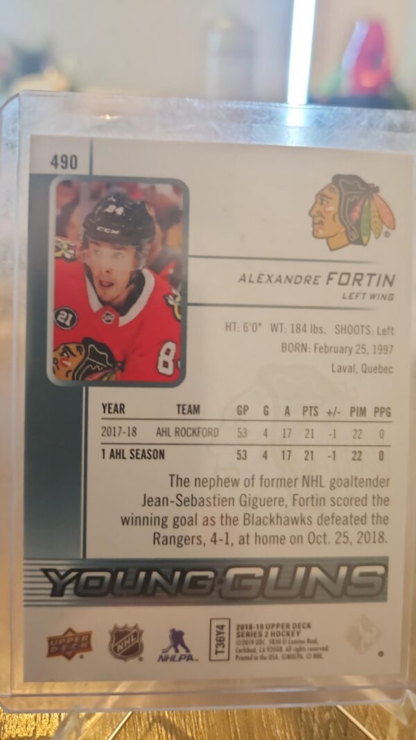 Alexandre Fortin 2018-19 Upper Deck Series 2 Young Guns #490 Chicago Blackhawks - Image 2