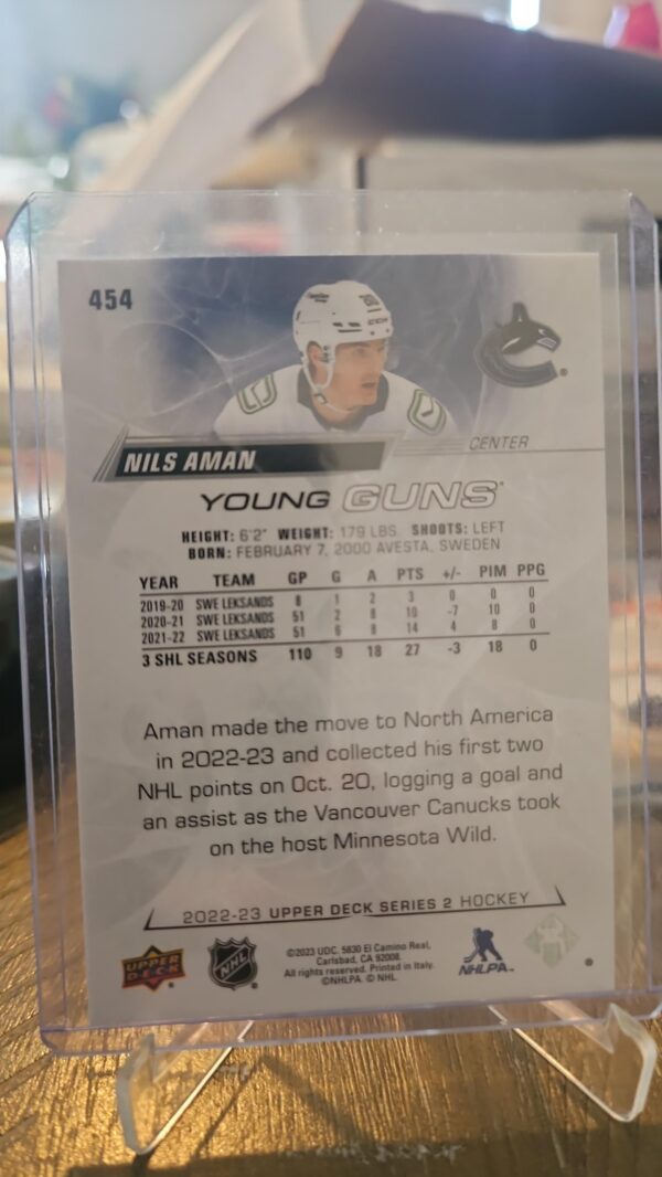 2022-23 NHL Upper Deck Series 2 Nils Aman Young Guns #454 Vancouver Canucks - Image 2