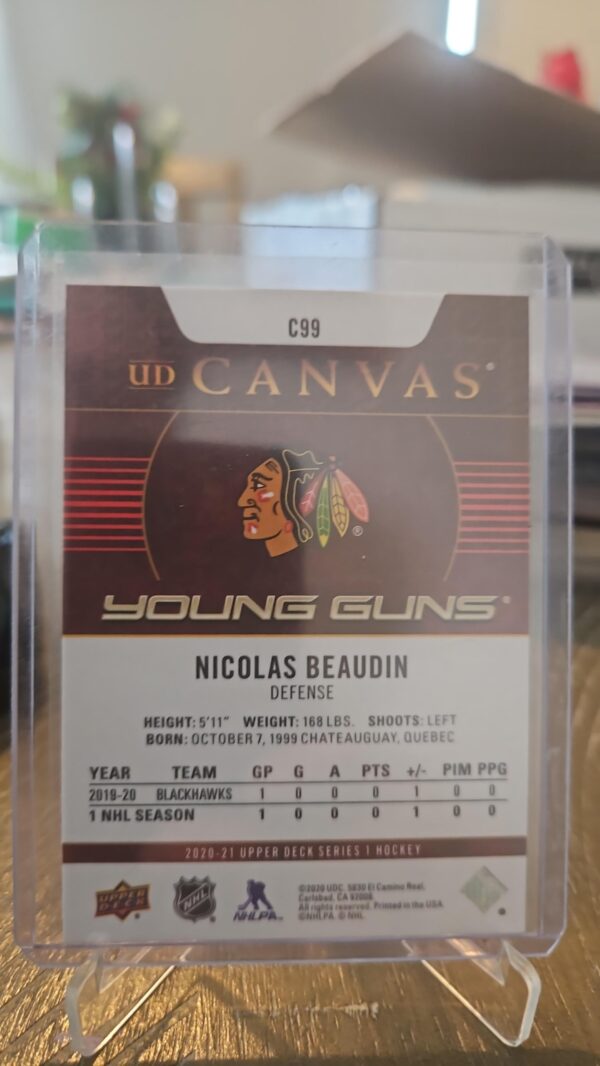 2020-21 UD Canvas Young Guns Nicolas Beaudin #C99 Chicago Blackhawks - Image 2