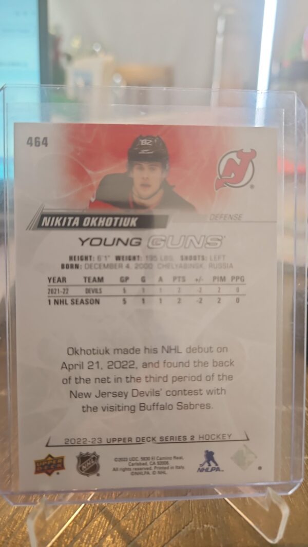2022-23 Upper Deck Young Guns Nikita Okhotiuk New Jersey Devils #464 Rookie - Image 2