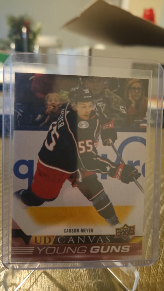 Carson Meyer 2022-23 Upper Deck Series 2 Young Guns Canvas #C118 rookie card, a prized collectible for Anaheim Ducks fans.