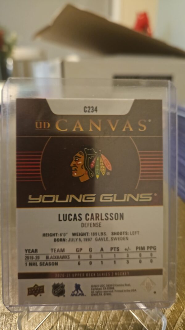 2020-21 Upper Deck Lucas Carlsson C234 Canvas Young Guns Blackhawks - Image 2