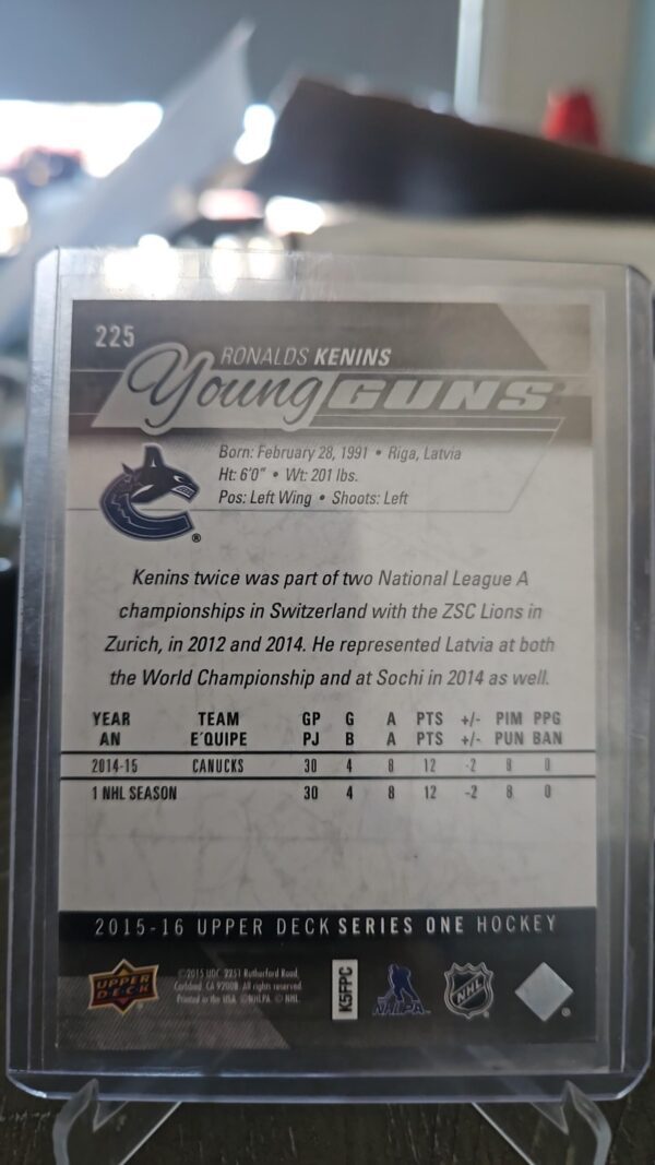 2015-16 Upper Deck Series One Young Guns #225 Ronalds Kenins Rookie RC - Image 2
