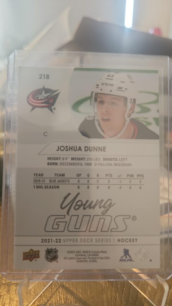 2021-22 NHL Upper Deck #218 Joshua Dunne Young Guns Columbus Blue Jackets - Image 2