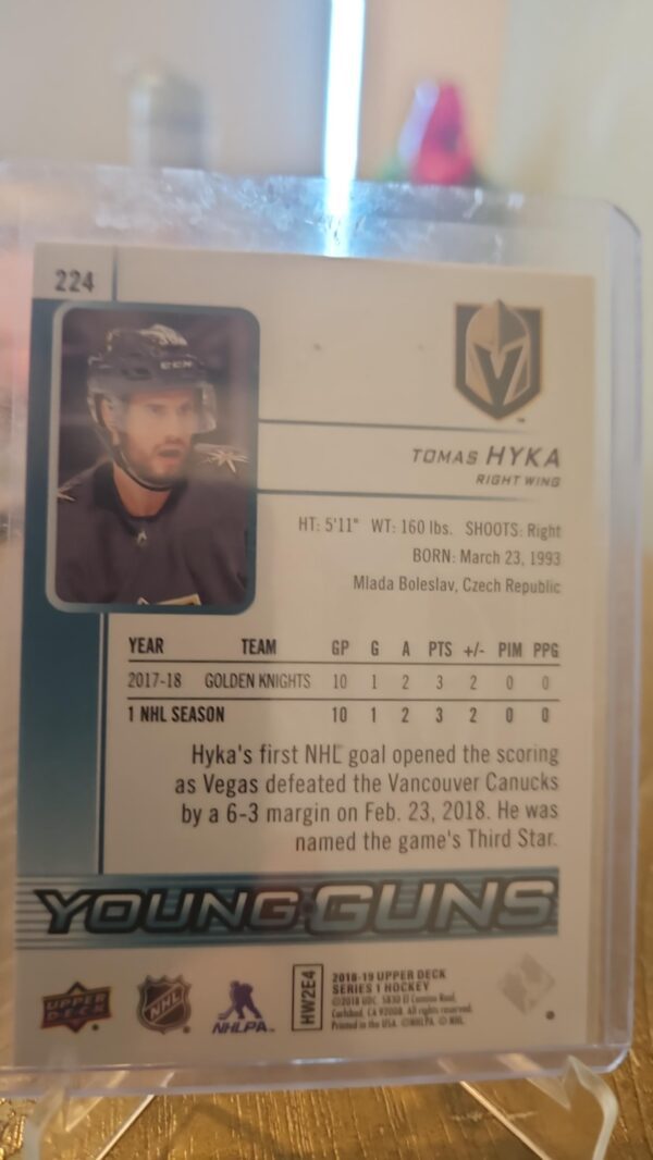 2018-19 Upper Deck Young Guns Rookie #224 Tomas Hyka YG RC Vegas Golden Knights - Image 2