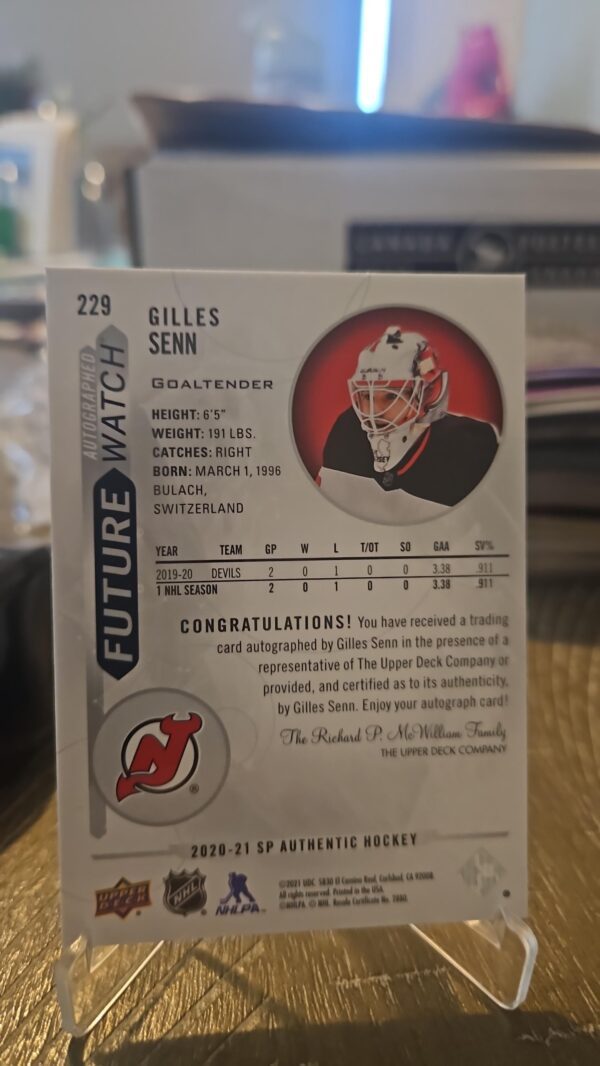 2020-21 SP Authentic Future Watch Auto Gilles Senn /999 #229 New Jersey Devils - Image 2