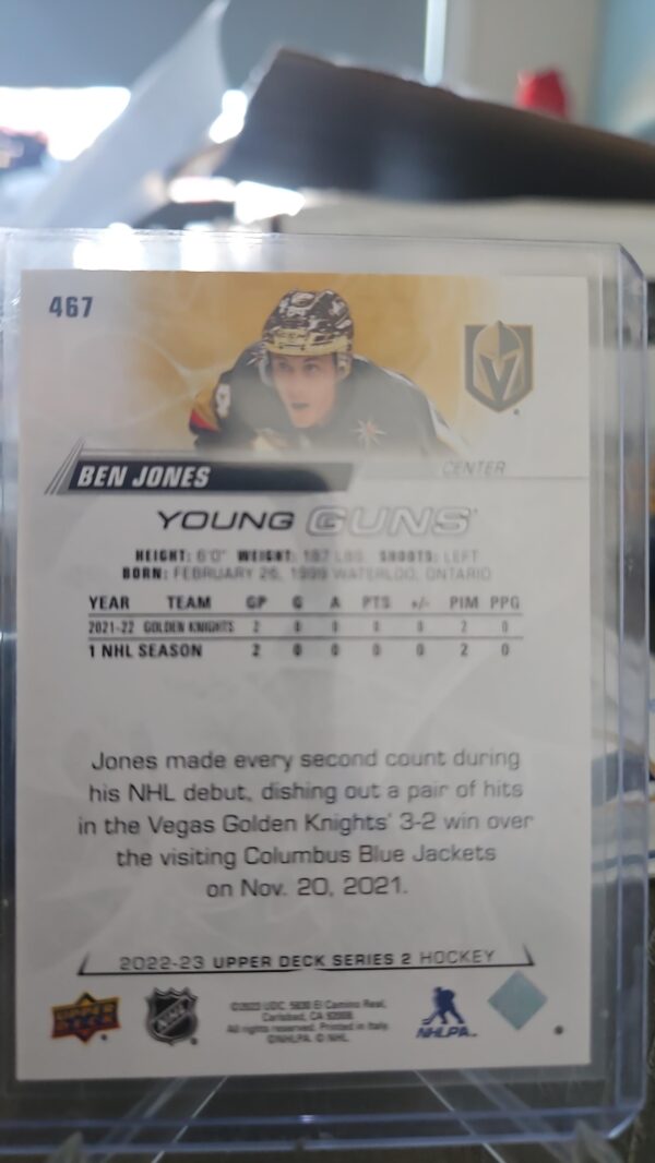 2022-23 Upper Deck Young Guns Ben Jones #467 Vegas Golden Knights - Image 2