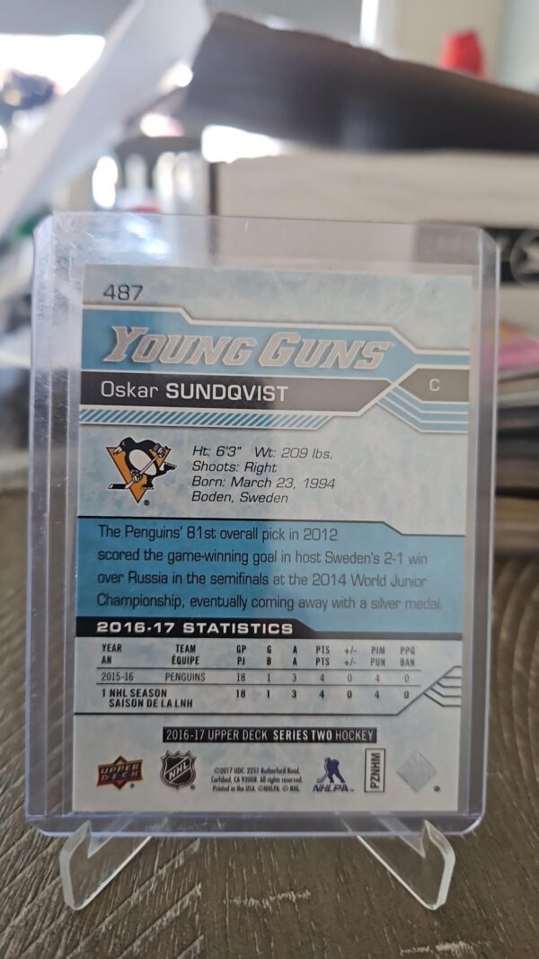 2016 Upper Deck Oskar Sundqvist Rookie Young Guns #487 Pittsburgh Penguins - Image 2