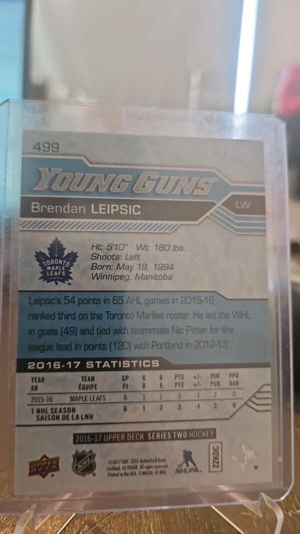 2016-17 UPPER DECK YOUNG GUNS #499 BRENDAN LEIPSIC RC ROOKIE TORONTO MAPLE LEAFS - Image 2