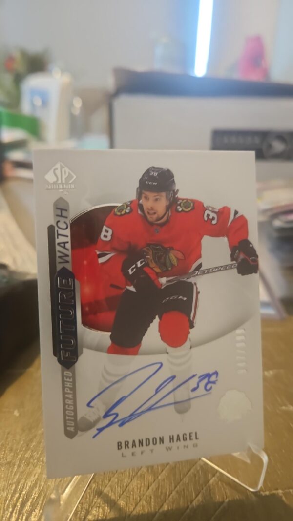 2020-21 SP Authentic Brandon Hagel Future Watch Auto RC #/999 card front, Chicago Blackhawks