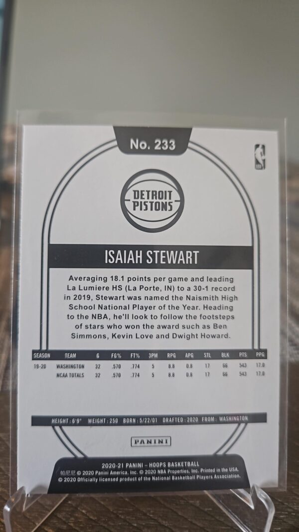 Isaiah Stewart RC 2020-21 Panini NBA Hoops Base Rookie Card #233 Detroit Pistons - Image 2
