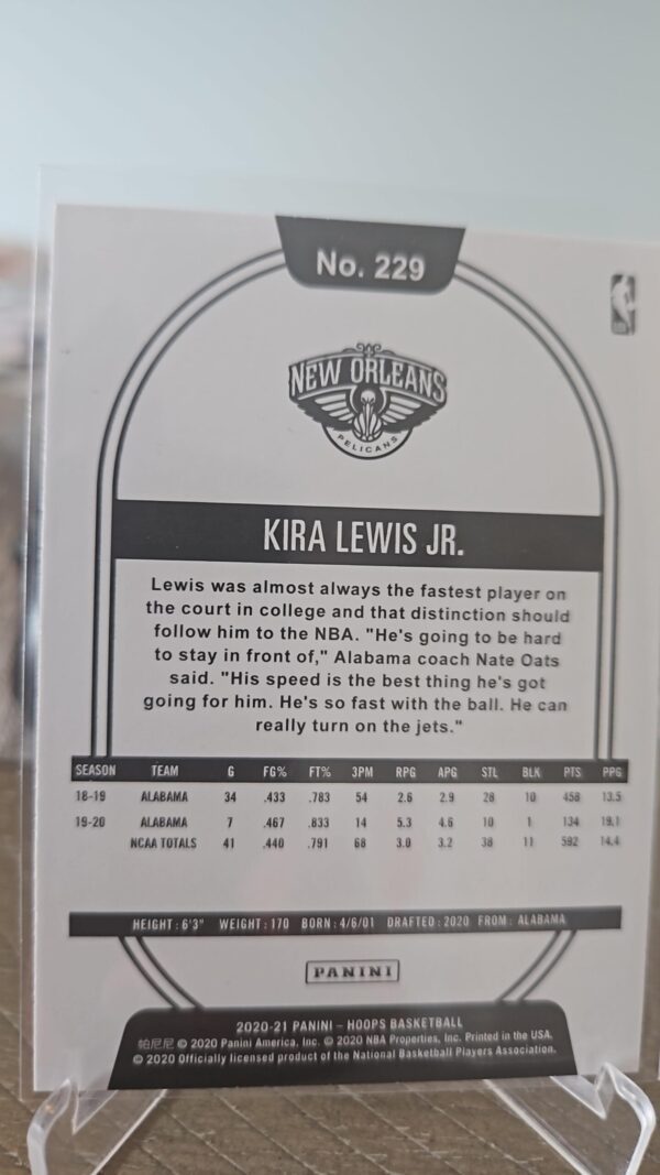 2020-21 Panini NBA Hoops Rookie Kira Lewis Jr RC Card# 229 - Image 2