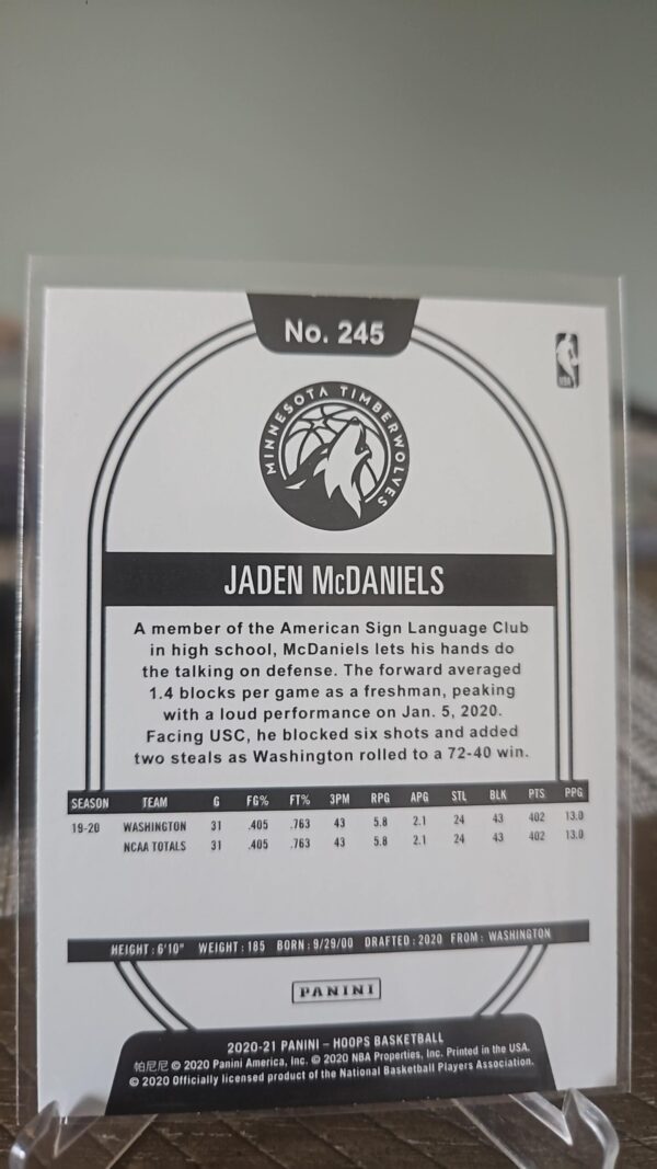 2020-21 Panini NBA Hoops JADEN MCDANIELS RC #245 Minnesota Timberwolves ROOKIE - Image 2