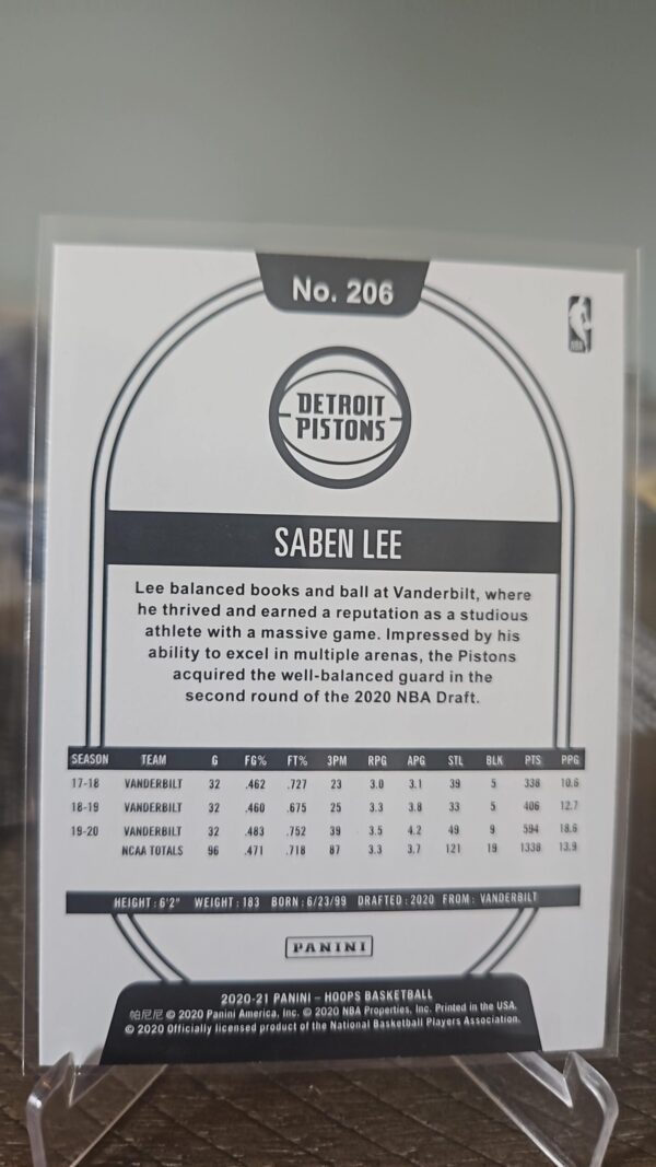 2020-21 Panini NBA Hoops Blue Saben Lee RC #206 Detroit Pistons - Image 2