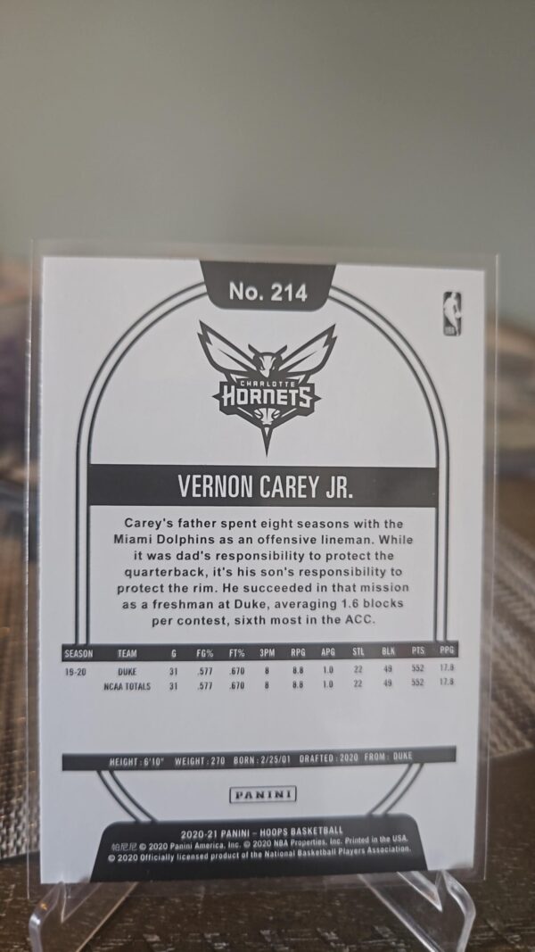 2020-21 Panini NBA Hoops Rookie Vernon Carey Jr RC Card# 214 - Image 2