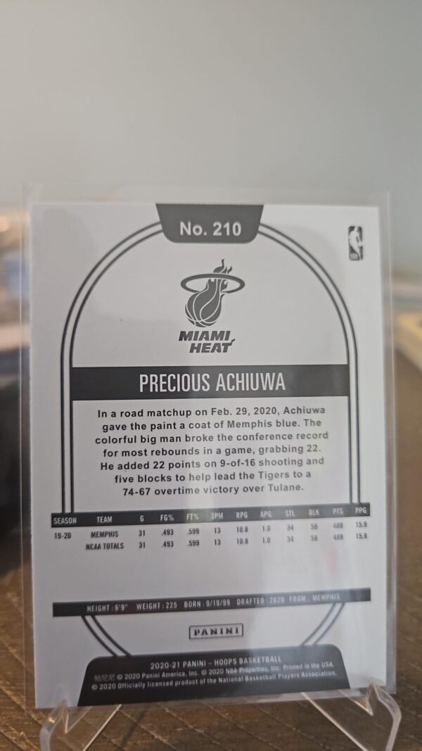 Precious Achiuwa RC 2020-21 NBA Hoops Basketball Rookie Card Miami Heat - #210 - Image 2