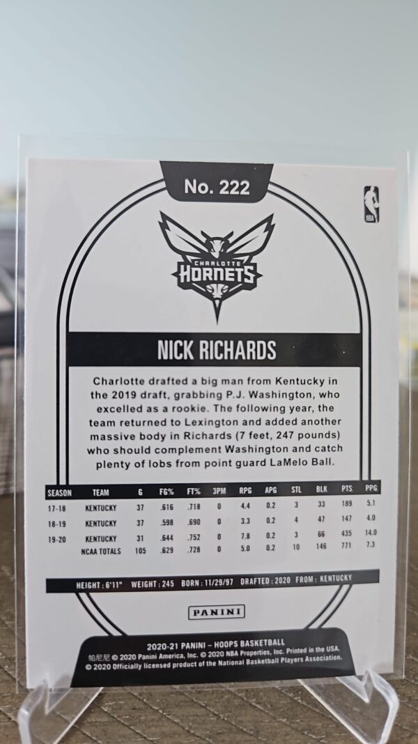 2020-21 Panini NBA Hoops NICK RICHARDS Rookie #222 - Charlotte Hornets RC - Image 2