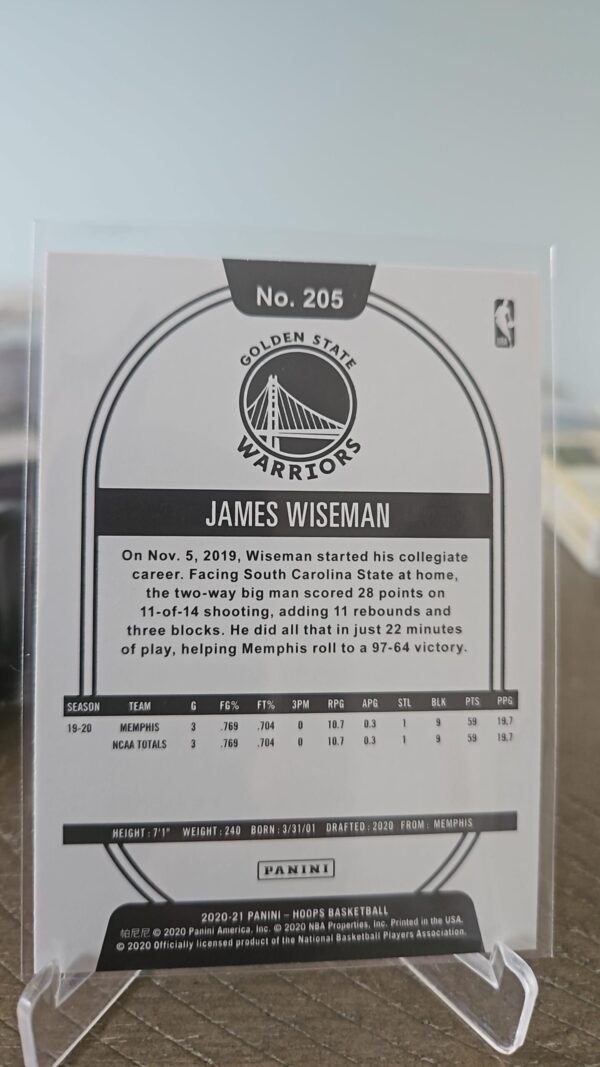 2020-21 Panini NBA Hoops #205 James Wiseman RC Rookie - Image 2