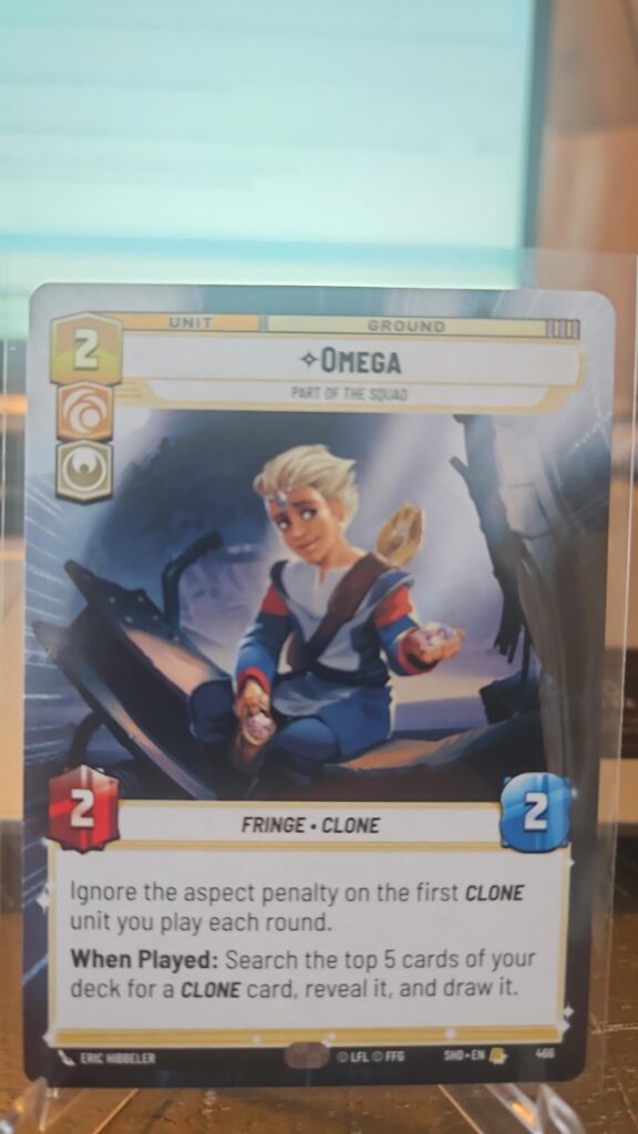 Star Wars: Unlimited Jump to Lightspeed Omega – Part of the Squad Hyperspace card, Mint condition, unique character, top collectible for Star Wars TCG fans.