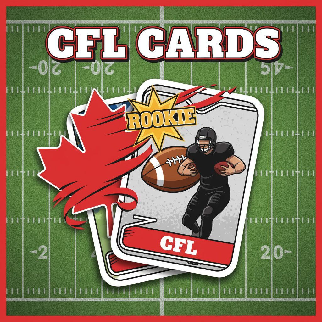 CFL cards category showing a green football field, stylized football, and a fan of generic trading cards with Canadian flair.