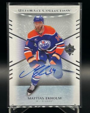 Front view of 2025-26 Upper Deck Ultimate Collection Mattias Ekholm on-card autograph hockey card number 21