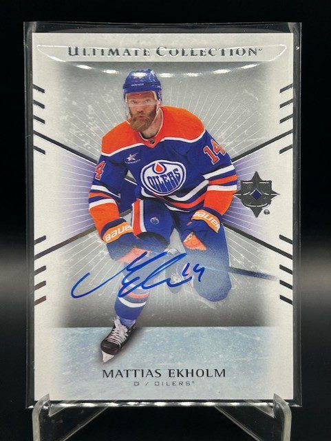 Front view of 2025-26 Upper Deck Ultimate Collection Mattias Ekholm on-card autograph hockey card number 21