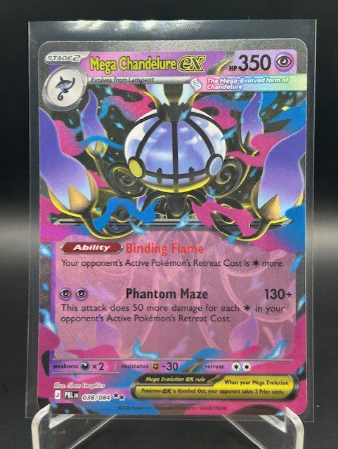Front view of Pokémon TCG Mega Chandelure ex Double Rare Holo card number 038/084 from Pitch Black set
