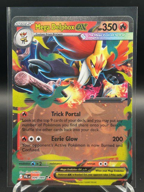 Front view of Pokémon TCG Mega Delphox ex Double Rare Holo card number 008/084 from Pitch Black set
