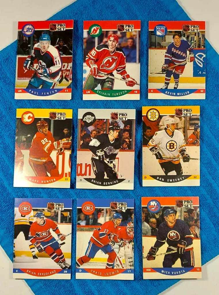 Close-up view of vintage Pro Set hockey base cards showcasing veteran NHL players in action with official player numbers.
