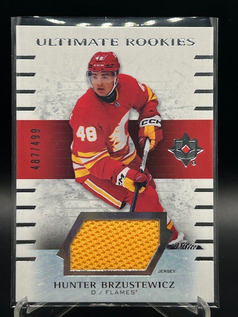 Front view of 2025-26 Upper Deck Ultimate Collection Hunter Brzustewicz player-worn rookie jersey card number 139 numbered /499