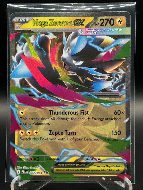 Front view of Pokémon TCG Mega Zeraora ex Double Rare Holo card number 027/084 from Pitch Black set