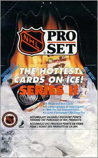 A large stacked arrangement of early 1990s Pro Set hockey trading cards showing their distinct colorful borders and classic text designs.