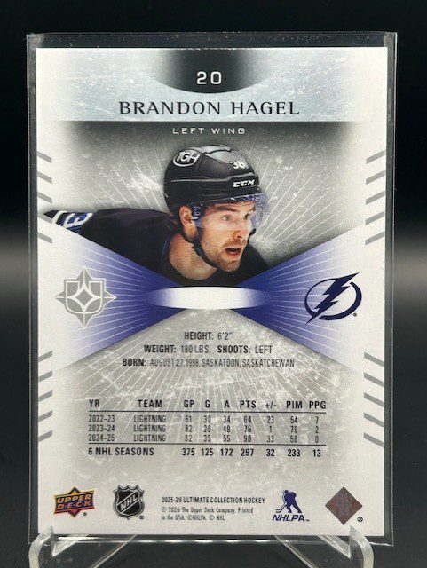 Back view of 2025-26 Upper Deck Ultimate Collection Brandon Hagel hockey card showing stats and serial number out of 149