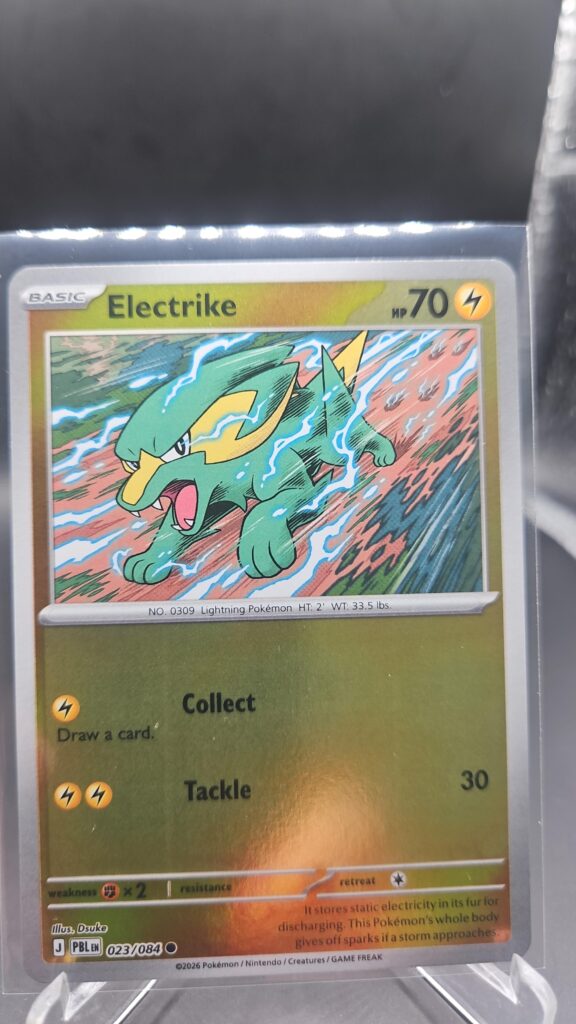 Electrike 023/084 Reverse Holo Pokémon card from the Mega Evolution Era Pitch Black ME05 set in Near Mint condition.
